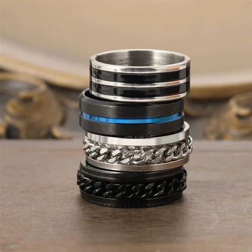 Miniatura 5 de FAXHION - Anillos de acero inoxidable para la ansiedad para hombres mujeres niños y niñas juego de anillos para la ansiedad negros y plateados