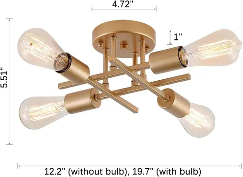 Miniatura 4 de AIHYING Lámpara de techo de 4 luces para montaje semiempotrado, lámpara de araña dorada de estilo industrial granja de mediados del siglo