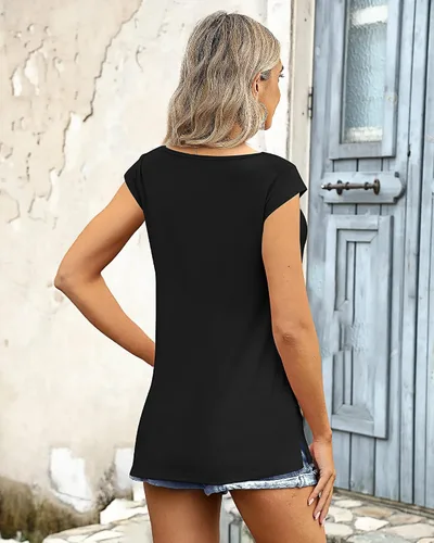 Miniatura 4 de Ficerd Paquete de 2 camisetas de manga casquillo para mujer, ajuste holgado, casual, cuello en V, básicas, elegantes, camisetas sin mangas