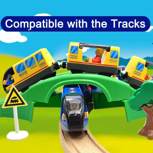 Miniatura 5 de TOPLIVING Tren motorizado para pista de madera, juego de 3 piezas de juguetes de tren para niños de 3, 4, 5 años, tren a batería compatible