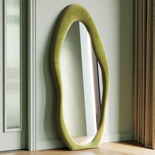 Miniatura 8 de Honyee - Espejo de cuerpo completo de 63 x 24 pulgadas, espejo de pared, marco de madera envuelto en franela, espejo de cuerpo completo ondulado Gris