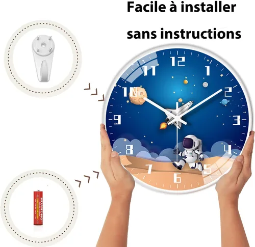 Miniatura 4 de QINFIEY Reloj de pared para niños con movimiento silencioso de 12 pulgadas, reloj de pared redondo que no hace tictac, funciona con pilas