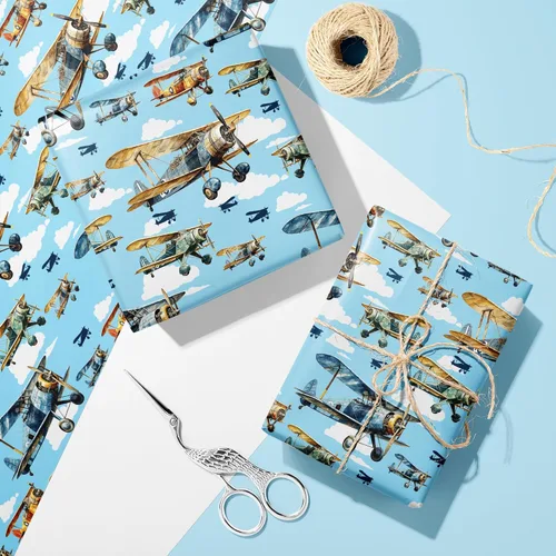 Miniatura 2 de Dtiafu Rollo de papel de regalo de avión – Envoltura de regalo de aviones vintage con diseño de nube de cielo azul para niños, baby shower
