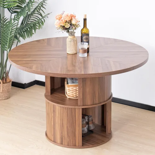 Miniatura 8 de Mesa de comedor redonda de 47 pulgadas para 4, mesa de comedor de cocina de granja con estante de almacenamiento de 2 capas y panel estriado