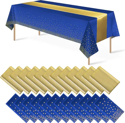 Miniatura 13 de 16 paquetes de manteles de plástico desechables y juego de camino de mesa de satén negro dorado con puntos dorados para graduación, boda