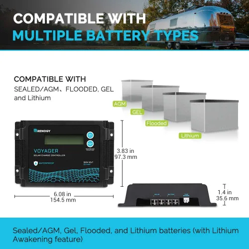 Miniatura 4 de Renogy Voyager 20A 12V/24V PWM controlador de carga solar impermeable con pantalla LCD para batería AGM, de gel, con celdas húmedas y de litio