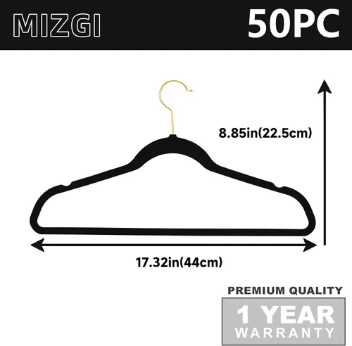 Miniatura 6 de MIZGI Paquete de 50 perchas de terciopelo de alta calidad, resistentes, antideslizantes, delgadas, perchas de terciopelo negro, ganchos dorados
