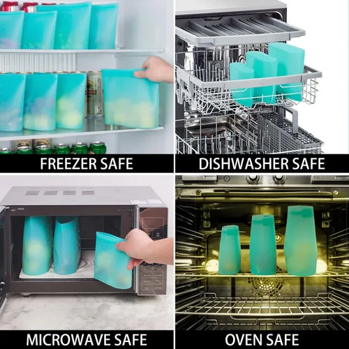 Miniatura 6 de Bolsas reutilizables para alimentos, paquete de 8, 100% bolsas de almacenamiento de alimentos de silicona con cierre de cremallera, aptas