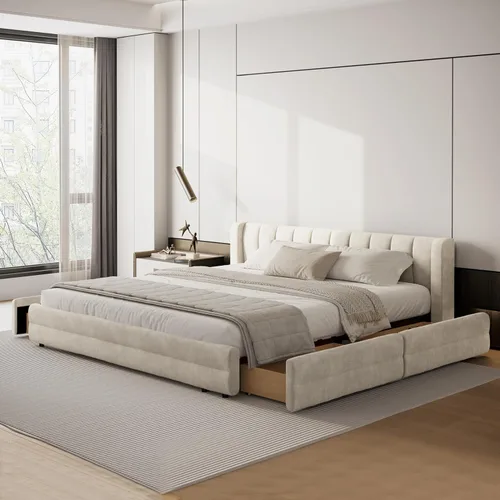 Miniatura 12 de DEINPPA - Marco de cama tamaño Queen con cabecero suave tipo nube, base de cama de madera con tapizado de chenilla, no necesita somier - Beige