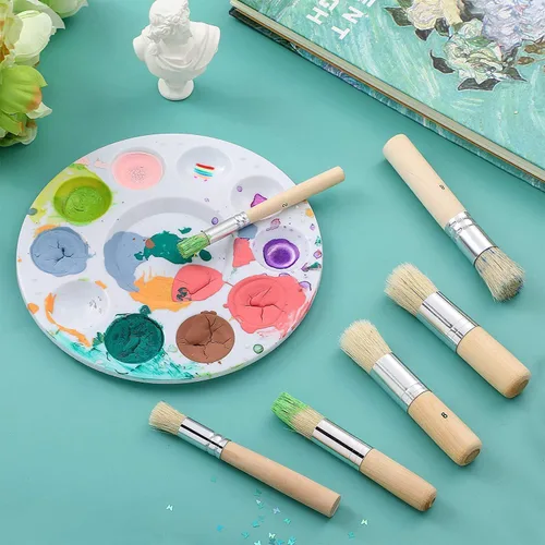 Miniatura 5 de Juego de 6 pinceles de madera para plantillas de cerdas de varios tamaños, pinceles de pintura de mango de madera, pinceles para pintura de acuarela