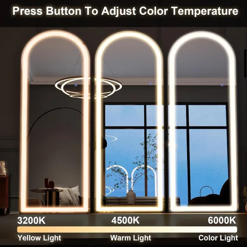 Miniatura 5 de Espejo arqueado de cuerpo entero con luces LED, espejo de piso de 60"x16" con soporte, espejos corporales de piso con atenuación e iluminación de 3