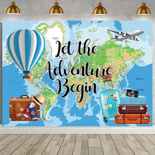 Miniatura 2 de Let The Adventure Begin - Fondo de fotografía de fondo de gira mundial, mapa, maleta de avión, decoraciones de fiesta de cumpleaños, globo
