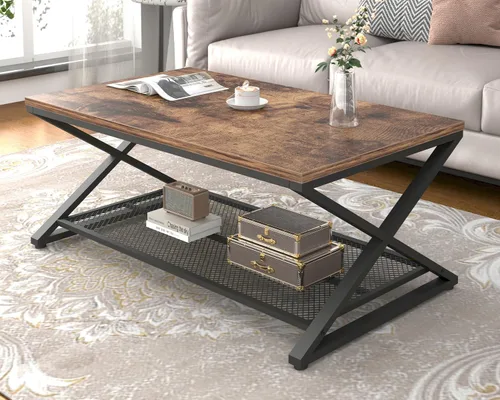 LVB Mesa de café rústica, mesa de cóctel de té de madera y metal industrial de 2 niveles con almacenamiento para sala de estar, mesa central Marrón