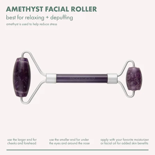 Miniatura 4 de EcoTools Rodillo facial de amatista, rodillo facial y masajeador de piedra real, herramienta para el cuidado de la piel y esculpir, reduce