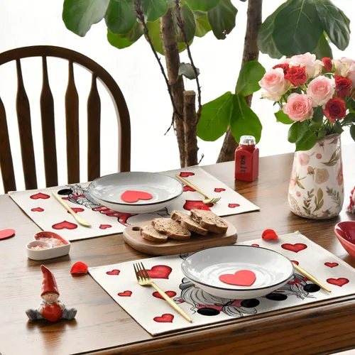 Miniatura 4 de Artoid Mode Juego de 4 manteles individuales con diseño de gnomos y corazones de San Valentín, 12 x 18 pulgadas, para boda, aniversario, primavera