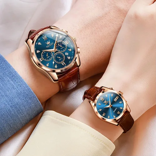 Miniatura 14 de OLEVS Juego de 2 relojes de cuarzo para parejas de San Valentín, para él y ella, cronógrafo de cuero, con diamantes para hombres, mujeres, amantes