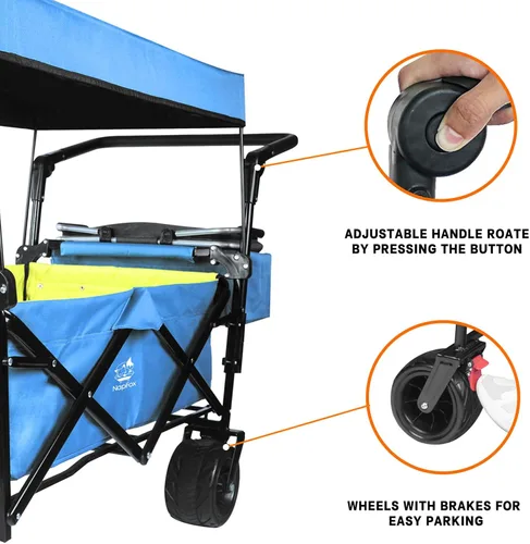 Miniatura 3 de Carro plegable con toldo extraíble y bolsa enfriadora, carrito plegable resistente con ruedas todo terreno de 4 pulgadas para campamento, playa
