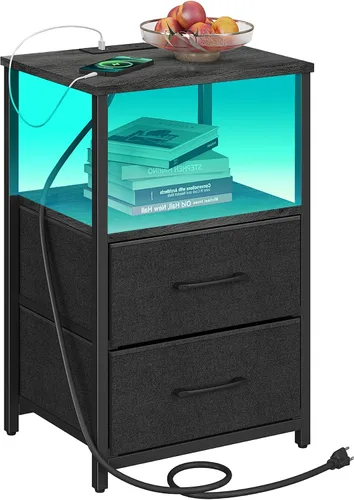 Miniatura 30 de TUTOTAK Mesita de noche LED con estación de carga, mesita de noche grande con puerto USB y Type-C, mesa de noche con cajones de tela, mesa auxiliar