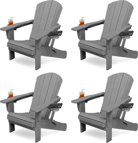 Miniatura 18 de KINGYES Silla plegable Adirondack con portavasos dobles - Sillas de exterior de HDPE para todo clima, silla de patio tipo madera para el patio Negro