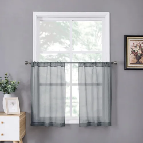 Miniatura 21 de Tollpiz - Juego de 2 paneles de cortinas de velo traslúcidas para media ventana, cortas, con textura de lino y bolsillo para cortinero, filtran