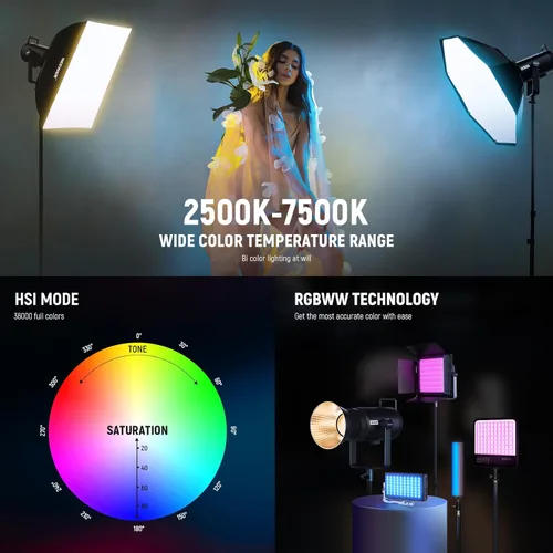 Miniatura 2 de NEEWER CB60 RGB 70W Luz de Video LED con Control de Aplicación, Montura Bowens Salida Continua de Color Completo 18000Lux/1m CCT 2700K-6500K CRI97+