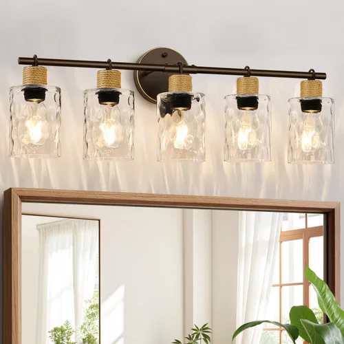 Miniatura 14 de MOKATNG Juego de 2 apliques de pared para baño, luces de tocador modernas costeras con pantalla de cristal, lámpara de pared negra para espejo