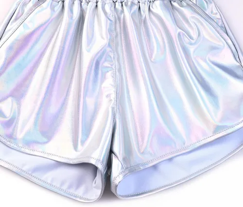 Miniatura 5 de Mirawise Pantalones cortos metálicos para niñas, pantalones brillantes para baile, pantalones cortos con gafas de sol