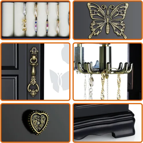 Miniatura 4 de RR ROUND RICH DESIGN Joyero de madera maciza para maquillaje y organizador de anillos para mujer, con 4 cajones incorporados, carrusel de collar