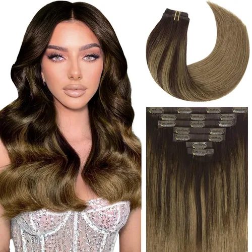Miniatura 9 de Caliee Extensiones de cabello con pinzas de cabello humano 14 pulgadas Color 1 Negro azabache trama doble invisibles Extensiones de cabello humano