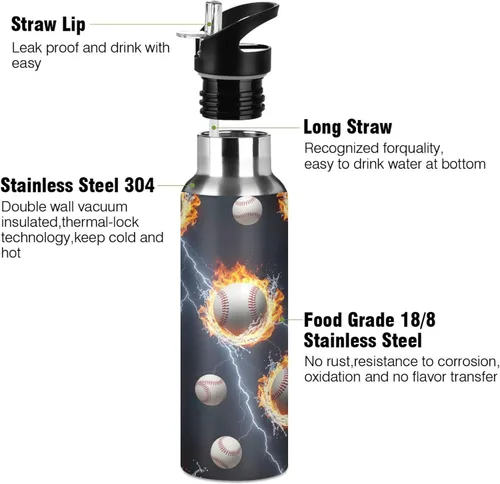 Miniatura 3 de Stainless Steel Vacuum Insulated Water Bottle 20 Oz, Leakproof Water Bottles for Gym Outdoor Travel School, Baseballs Splashes Water Flames
