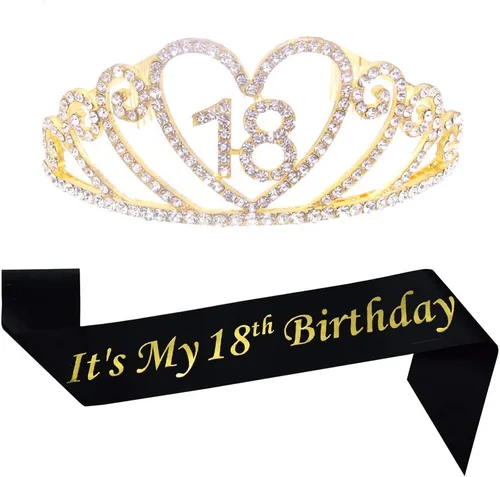 Tiara dorada de 18 cumpleaños y banda de satén con purpurina y corona de tiara de diamantes de imitación de cristal para fiesta de cumpleaños de 18