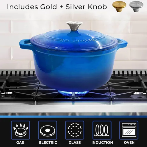 Miniatura 6 de MÜELLERHOME Horno holandés de hierro fundido esmaltado, 6 cuartos de galón, resistente, cazuela con tapa y perilla de acero inoxidable, para todas