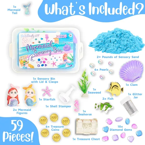 Miniatura 2 de 38 cubos sensoriales de sirena con arena mágica de 2 libras, moldes de océano y accesorios del tesoro, regalo creativo de juego de arena para niñas