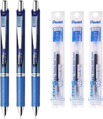 Pentel EnerGel - Bolígrafo retráctil de gel líquido, 0.020 in, tinta azul, cuerpo azul, 3 bolígrafos y 3 recambios de tinta