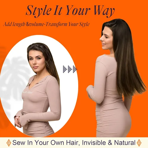 Miniatura 5 de Full Shine Extensiones de cabello humano de trama de cabeza completa, balayage, cosidas, extensiones de cabello humano real, color 2 marrón oscuro