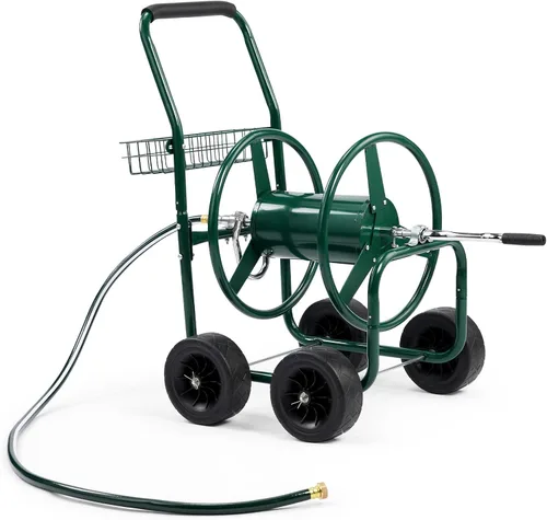 VINGLI Carrete de manguera de jardín de 300 pies y 5/8 pulgadas, carrito de carrete de manguera residencial portátil de 4 ruedas, sistema de guía de