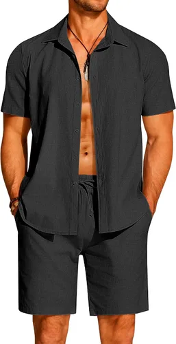 Miniatura 13 de COOFANDY Conjunto de 2 piezas de algodón y lino para hombre, camisas de manga corta con botones, pantalones cortos de playa de verano, trajes