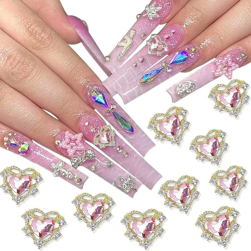 RODAKY Dijes de uñas de corazón para uñas, gemas de uñas de diamantes de imitación rosados, 10 piezas de dijes dorados para arte de uñas, joyería de