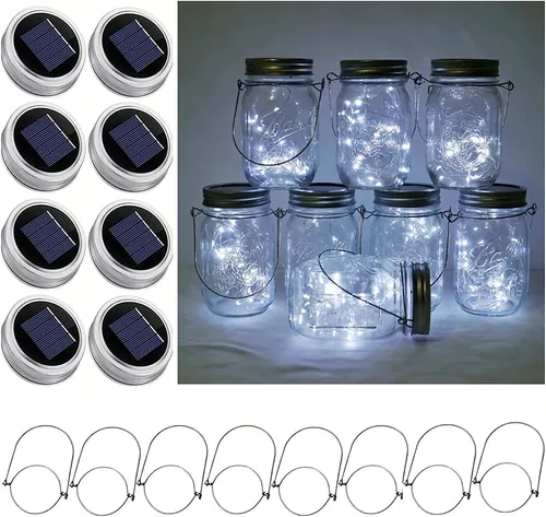 Miniatura 8 de Luces solares para tarros de masón, paquete de 8 tiras de luces impermeables con 8 ganchos para patio, jardín, fiesta, boda, decoración de Navidad