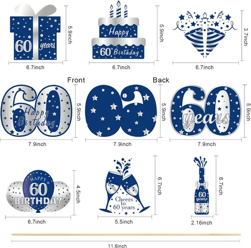 Miniatura 2 de 24 decoraciones de mesa de cumpleaños de color azul y plateado para hombres, incluye 24 cartones patrones, 24 varillas, 30 puntos adhesivos