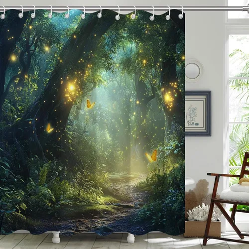 Miniatura 7 de Cortinas de ducha de bosque encantado, cortinas de ducha verdes de jardín natural para baño, divertida decoración de baño de poliéster impermeable