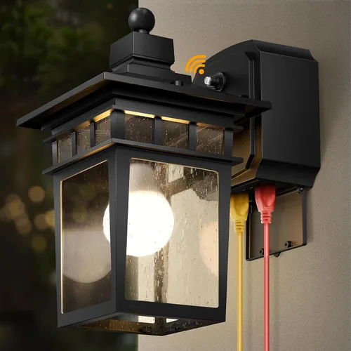 Miniatura 14 de Luces de Porche Exteriores con Sensor de Movimiento con Toma GFCI, 3 Modos de Luminaria Exterior del Anochecer al Amanecer, Luminaria de Iluminación