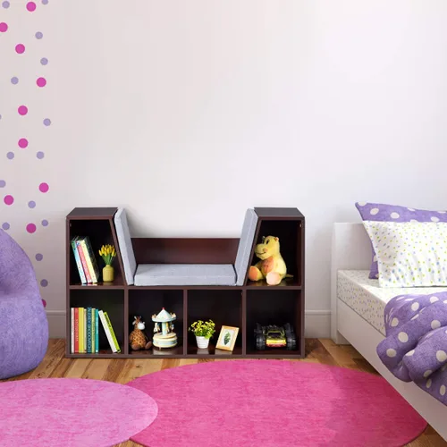 Miniatura 2 de HONEY JOY Organizador de rincón de lectura con cojín de asiento, estantería para niños con rincón de lectura, estante de almacenamiento de esquina