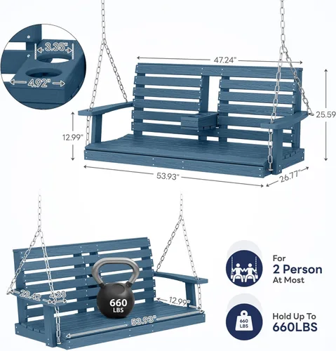 Miniatura 67 de KINGYES Columpio colgante para porche al aire libre, silla de columpio de patio de 2 asientos con portavasos, banco impermeable para patio y jardín