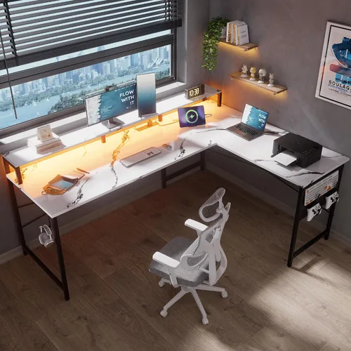 Miniatura 3 de Pamray Escritorio para juegos en forma de L de 64 pulgadas con tomas de corriente y luces LED, escritorio de esquina grande para computadora