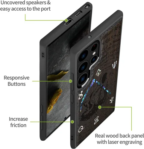 Miniatura 6 de Carveit Funda de madera de diseñador para Samsung Galaxy S22 Ultra (grabado en madera e incrustaciones de carcasa) compatible con cargadores Grim