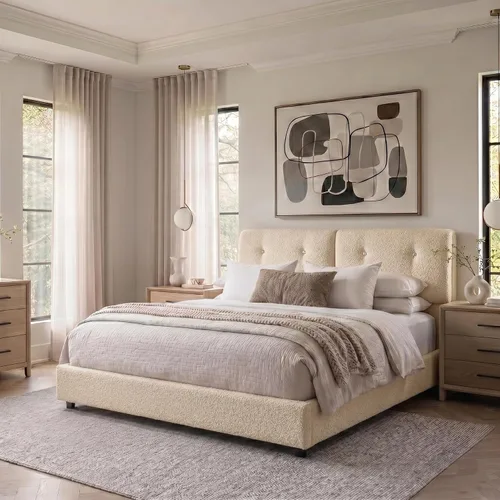 Marcos de Cama Full, Marco de Cama Tapizado en Tela Boucle Transpirable con Cabecero, Extraíble y Lavable, Soporte de Listones de Madera, No Beige