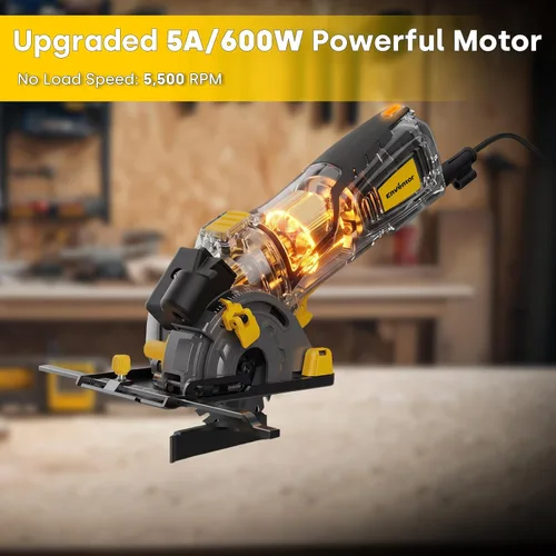 Miniatura 3 de Enventor Mini sierra circular, sierra circular eléctrica mejorada de 5A/600 W, con cable con guía láser, 5,500 RPM, 3 hojas de sierra compactas