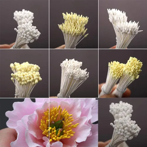 Miniatura 3 de KALAIEN Estambres de flores, 16 paquetes, 1120 piezas de cabezas dobles hechas a mano, flores y estambres de polen de 2.4-2.6 pulgadas, pequeño