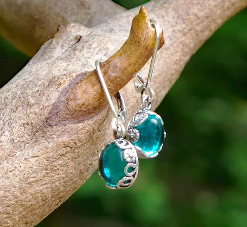 Miniatura 2 de Pendientes de plata de ley con tarro de masón vintage reciclado, colección botánica, Azul